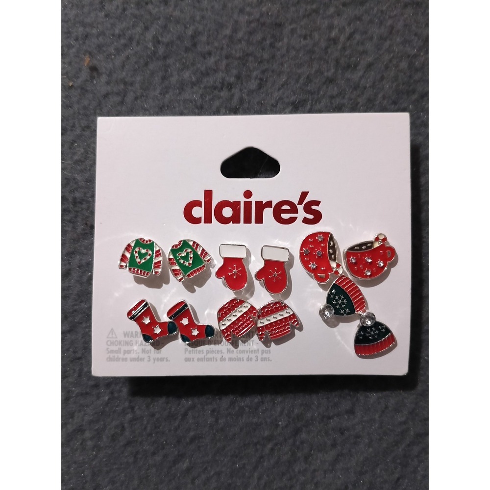 Claire's Christmas Holiday Winter Stud Earrings Set 6 Pairs Sweater Mitten Sock
